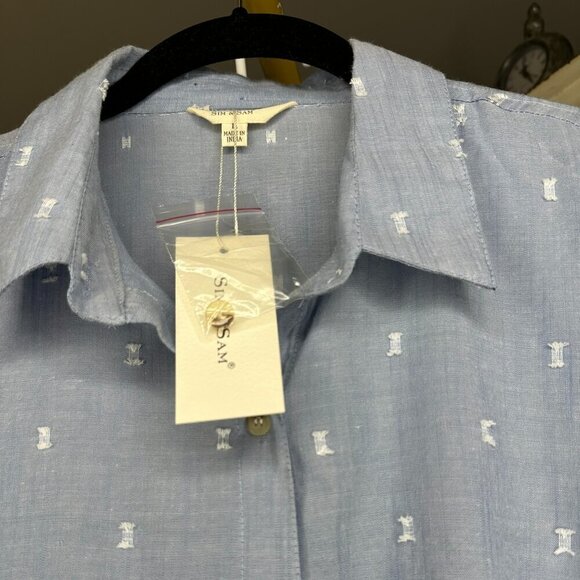 NWT - (L) Sim & Sam Blue Embroidered Button Down, Relaxed Fit Shirt - Picture 2 of 4